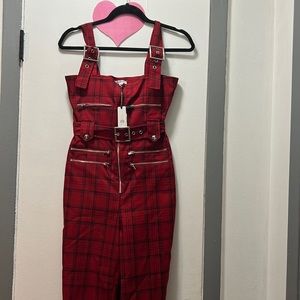 WE WORE WHAT Women's Moto Overalls Plaid Pompeian Red XS NWT